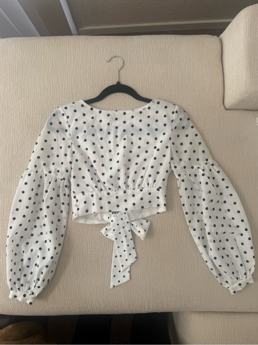 White Polka Dot Tie-Back Peasant Blouse